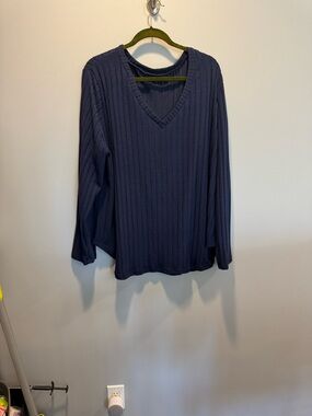 SHEIN Curve Navy Ribbed V-Neck Top